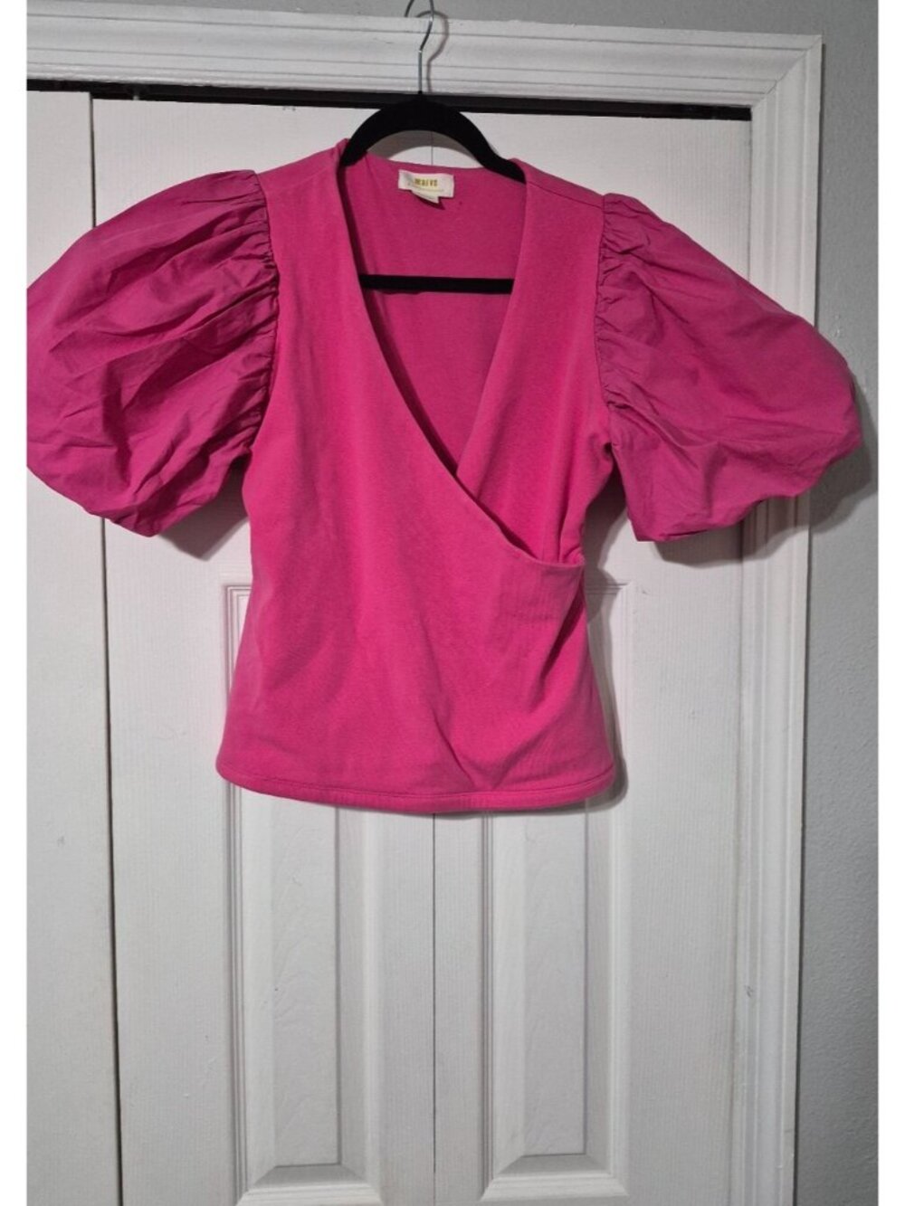 Anthropologie Barbiecore Coquette Hot Pink Puff-Sleeve Wrap Top